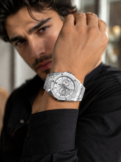 Hublot Luxury Chronograph Men's Watch | Silver Skeleton Dial