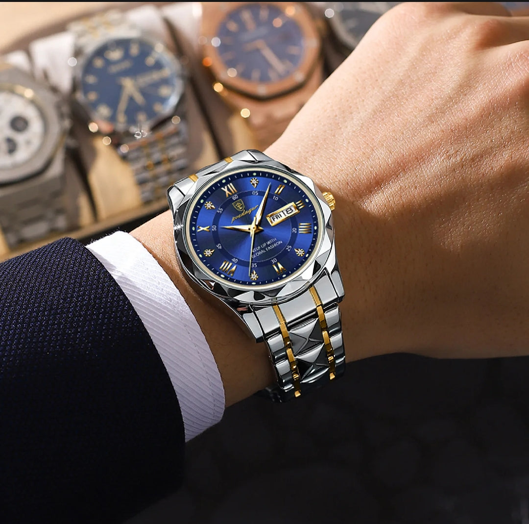 Men's Luxury Watch – Blue Dial with Two-Tone Stainless Steel Bracelet & Day-Date Display