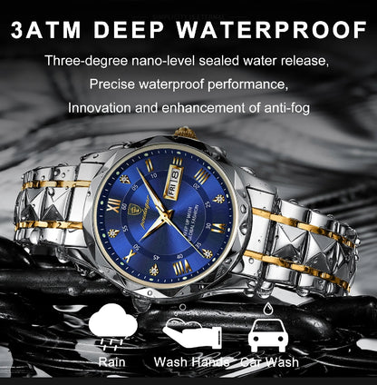 Men's Luxury Watch – Blue Dial with Two-Tone Stainless Steel Bracelet & Day-Date Display