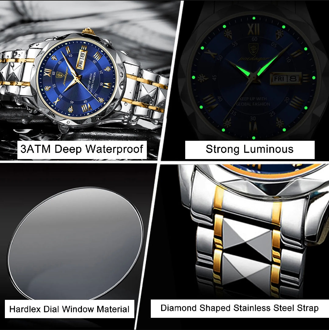 Men's Luxury Watch – Blue Dial with Two-Tone Stainless Steel Bracelet & Day-Date Display