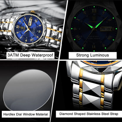 Men's Luxury Watch – Blue Dial with Two-Tone Stainless Steel Bracelet & Day-Date Display