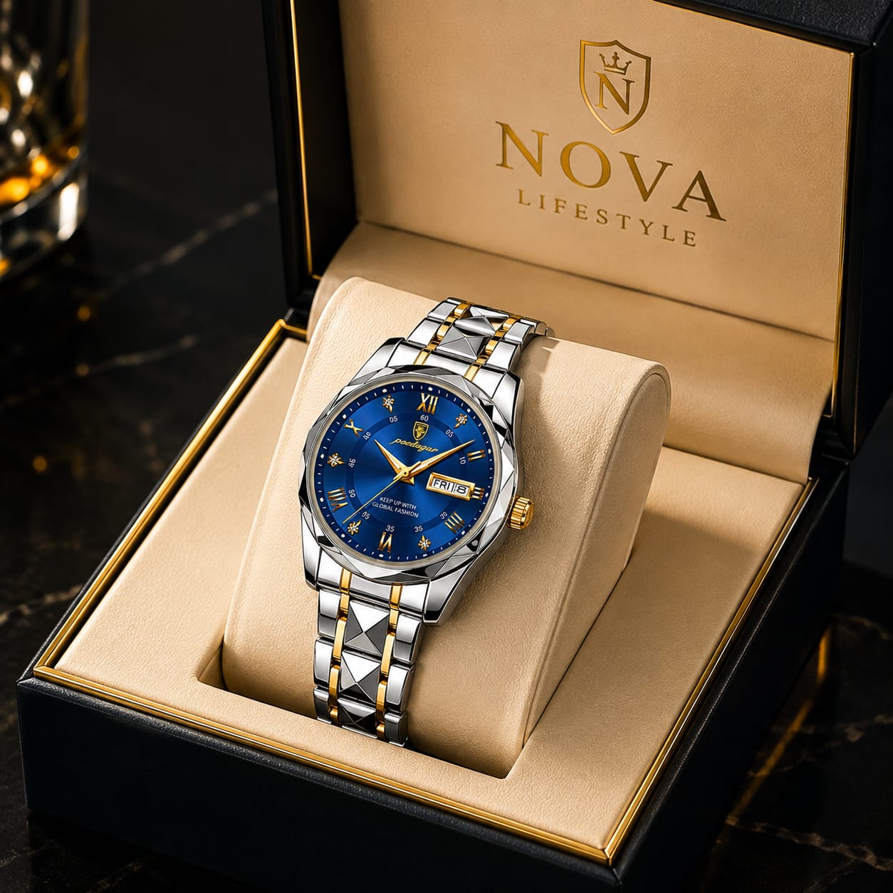 Men's Luxury Watch – Blue Dial with Two-Tone Stainless Steel Bracelet & Day-Date Display