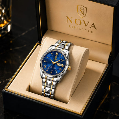 Men's Luxury Watch – Blue Dial with Two-Tone Stainless Steel Bracelet & Day-Date Display