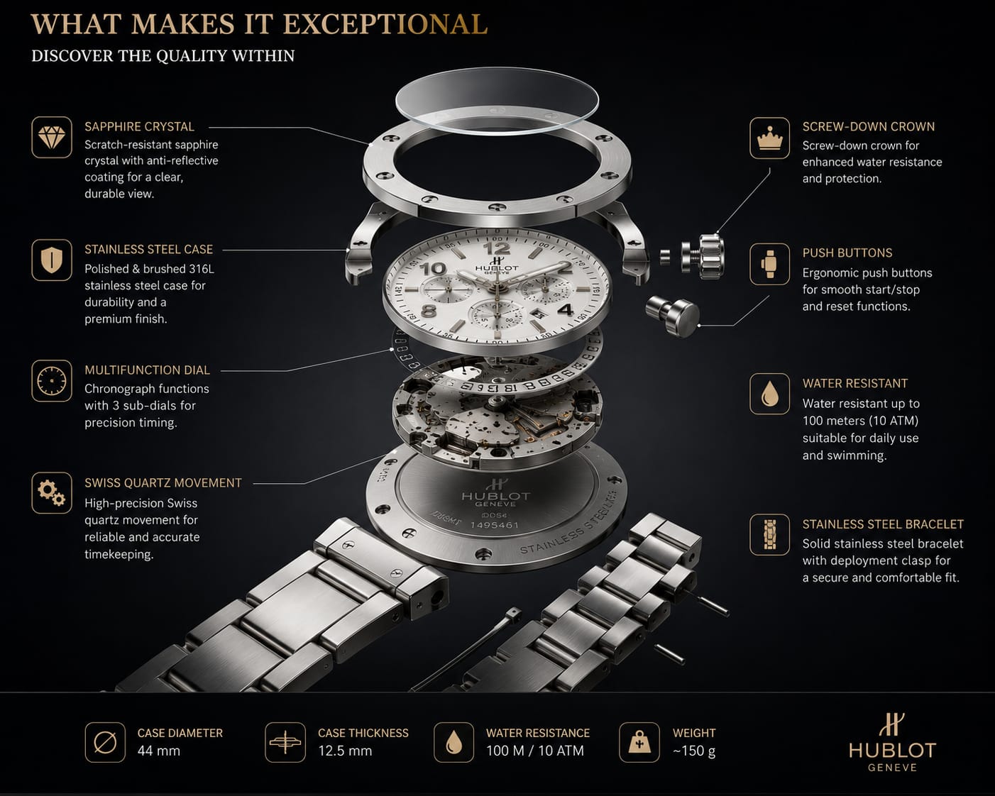 Hublot Luxury Chronograph Men's Watch – Stainless Steel Automatic Wristwatch